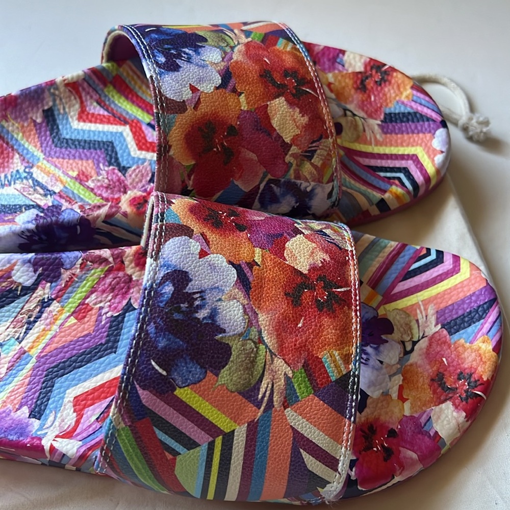Johnny Was Multicolor Floral & Stripe Slide Sandals - Pink, Purple, Orange, Blue - Picture 3 of 5